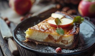 Wall Mural - Apple and caramel cheesecake on a rustic table