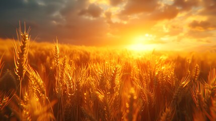 Wall Mural - golden wheat field at dusk, warm sunset light, soft focus, backlit wheat ears, rich amber tones, dra
