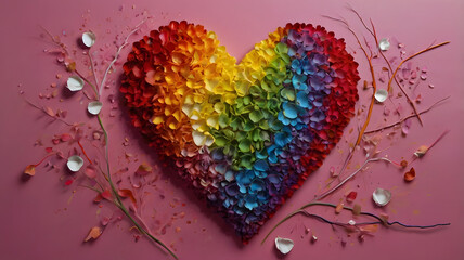 Sticker - heart shaped feathersshape of a heart with lots of colors, beautiful, big heart , love for all, ai generated