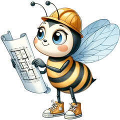 Wall Mural - watercolor bee in engineer uniform holding blueprint