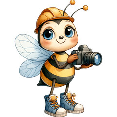 Wall Mural - watercolor bee in engineer uniform with camera