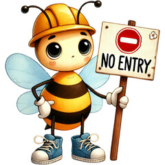 Wall Mural - watercolor bee in engineer uniform holding no entry sign