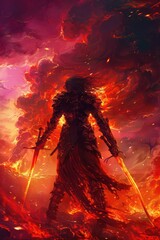 Wall Mural - a person in armor with swords in front of a fiery cloud