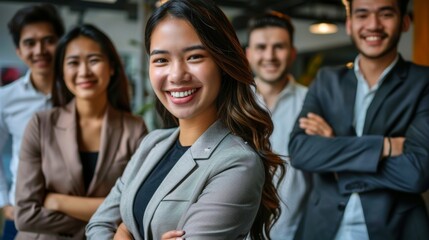 Wall Mural - Leader and businesswoman smiling in startup office with crew. Female boss, pleased with team accomplishment, arms crossed or entrepreneurship.