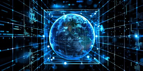 Earth, planet, global network, cube, cybersecurity, and lens flare holograms in space. Holograms, overlays, and futuristic light for digital change in technology vague