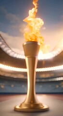 Wall Mural - Olympic torch burning brightly against blurred stadium background Iconic symbol of peace unity and sportsmanship stands out with its golden design 4k animation