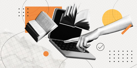 Wall Mural - Trendy Halftone Collage Online education concept. Computer laptop with hand and floating books. News course, webinar. Smart thinking and brainstorming. Contemporary vector art illustration