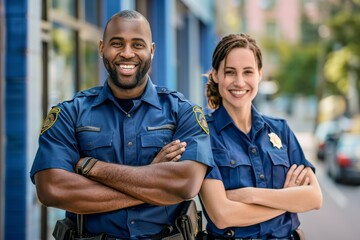 Wall Mural - Street security guard, safety officer, and team photo for patrol, protection, and watch. Crime prevention officer and black woman in uniform smile outdoors in the city.