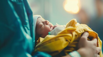 Wall Mural - A baby is being held by a person in a hospital setting