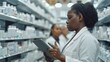 © LukaszDesign - Inventory, pharmacy, black woman with tablet, link, and prescription or pill box research. Healthcare, pharmaceutical, and African techie or prescription checker