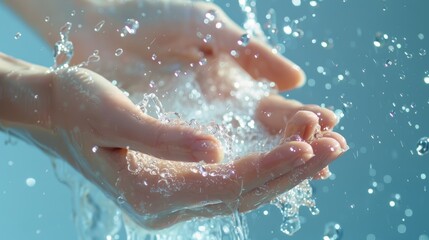 Cleaning, hands and water splash on woman in studio, blue background, healthcare mockup, Skincare washing. Model or closeup of clean, soap, or bubbles for bacteria protection.