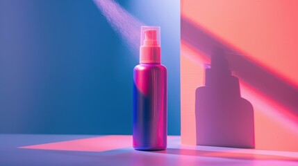 Canvas Print - Spraying cosmetic product inside a studio with neon light and colorful background