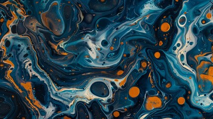 An image of a liquid painting that features orange and blue swirls