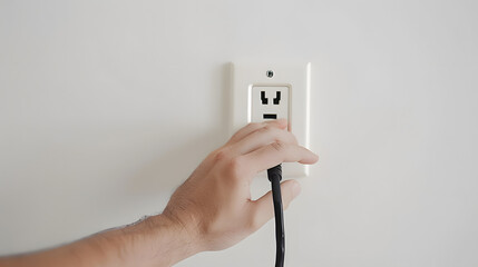 hand of man unplug electric outlet plug on wall white background safety concept