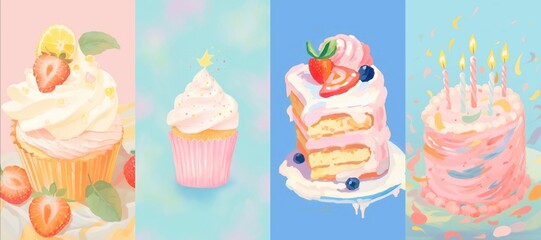 Sticker - Colorful cupcakes and cakes illustration mobile wallpaper set