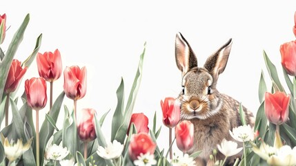 Poster - Easter Bunny with tulip flowers on white background for holiday design