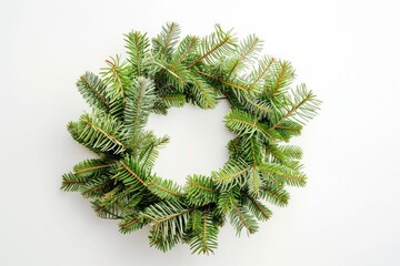 Christmas wreath with fresh green pine branches arranged in circle, holiday decoration concept