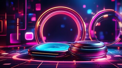 Sticker - Vibrant neon lights highlight the gaming background. bright light effects of squares and circles.