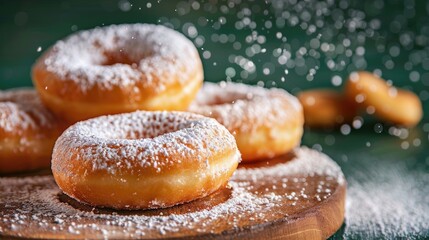 Sticker - Homemade donuts with powdered sugar on green backdrop with focus Ample space