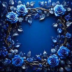 dark blue concrete wall with floral frame of blue roses