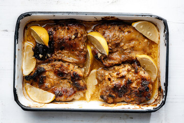 Wall Mural - tray of baked chicken thighs