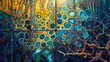 © LIDIIA - Cellular Symphony. Abstract art with vibrant cells and organic shapes in turquoise and gold, divided into grid-like segments.