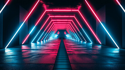 Wall Mural - Futuristic neon-lit spaceship corridor with red and blue neon lights. Architectural perspective of a tunnel bathed in colorful light.