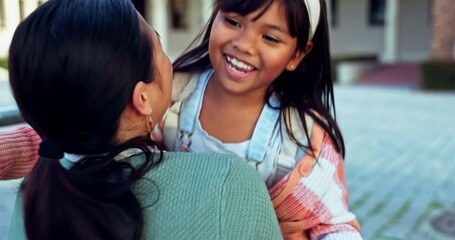 Sticker - Mom, happy kid and hug at school outdoor for care, love and bonding together. Mother, child smile and embrace student for support, trust or welcome greeting after learning education at kindergarten