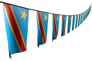 Wall Mural - cute many Democratic Republic of Congo flags or banners hangs diagonal with perspective view on rope isolated on white - any celebration flag 3d illustration..