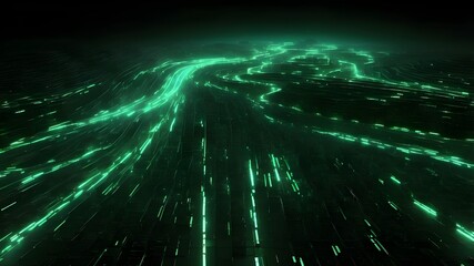 Wall Mural - Digital road lit up by a binary code matrix in green. digitally isolated twisting road against a dark background