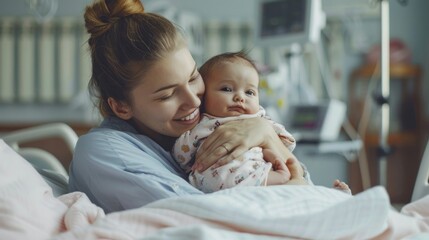 Wall Mural - A woman is holding a baby in a hospital bed