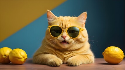 Against a background of two colors, a laughing lemon with sunglasses sits next to a cat wearing glasses, creating a humorous composition.