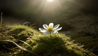 Wall Mural - Flower on stone with moss