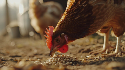 Chicken eats feed and grain on an eco-chicken farm.