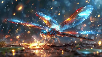 Wall Mural - Dragonfly in the Rain with Sparkles