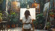 © Kakabe - An artist with curly hair stands in a lush, plant-filled studio painting on a large canvas, with finished landscape paintings surrounding her, Perfect for depicting creativity, art