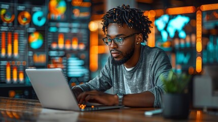Young Man Analyzing Data on Laptop in Modern Office Environment During Evening Hours. Generative AI