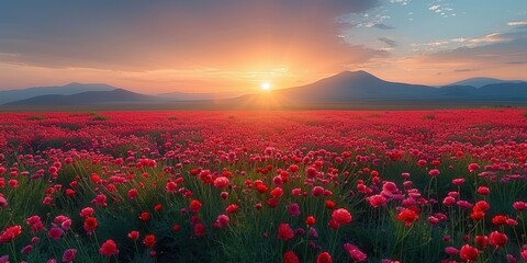 Wall Mural - Sunrise Over a Field of Flowers