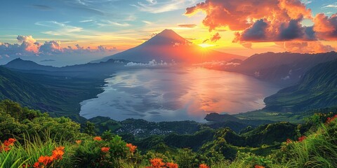 Wall Mural - Sunrise over a Majestic Mountain and Lake