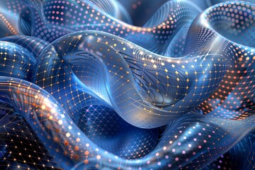 Digital Wave Dynamics. Abstract 3D rendering of flowing blue shapes with illuminated patterns and grid structures.