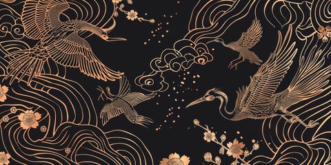 Wall Mural - Golden birds and flowers on black background.