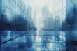 © PHAISITSAWAN - Futuristic city with blurry moving glass buildings and skyscrapers. Use a white and blue theme.