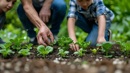 two children and an adult engaging in gardening, planting seeds and nurturing young plants in a lush