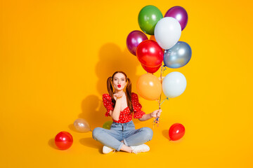 Canvas Print - Photo portrait of young red hair funky positive girl sitting floor send air kisses you thanks for gifts isolated on yellow color background