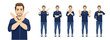 © Volha Hlinskaya - Set of young handsome man wearing blue shirt and jeans showing negative emotions with different gestures. Upset, dislike, angry, refused isolated vector illustration.