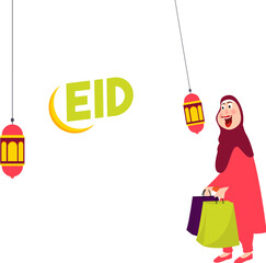 Canvas Print - Retro style Eid Sale poster or banner, sale flyer, discount upto 50% off. Cartoon character of muslim woman carrying shopping bag and enjoying Eid Sale.