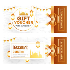 Canvas Print - Horizontal gift coupon or voucher layout in white and brown color background for eid Mubarak Festival celebration.