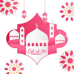 Wall Mural - Muslim community festival Eid-al-fitr Mubarak festival celebration poster or flyer design. Decoration of lantern, mosque and flower on yellow background.