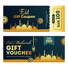 Poster - Eid Mubarak gift coupon or voucher front and back design with decoration of golden mosque on green background.