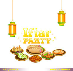 Sticker - Hanging beautiful lanterns on purple background for Iftar Party Celebration Poster or flyer design with date, time and location details.